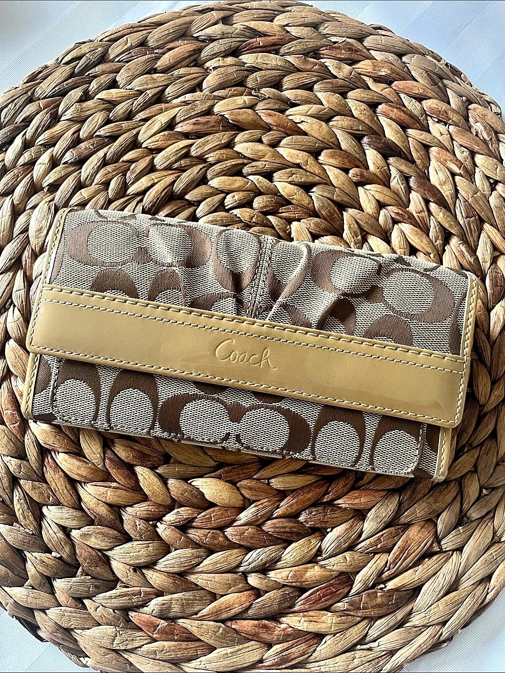 Coach Signature Pleated Checkbook Wallet Brown & Beige